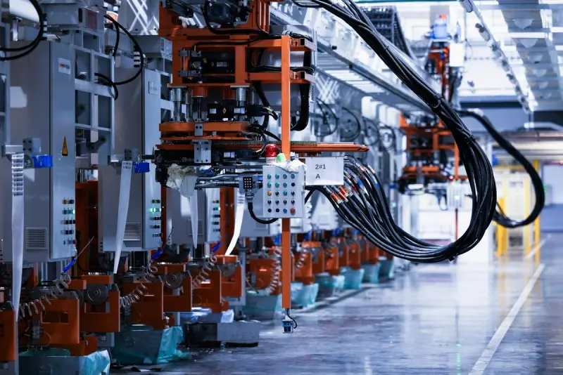 A high-angle, wide-perspective shot of an automated industrial assembly line inside a clean, modern factory. The scene is dominated by heavy machinery with bright orange structural frames and grey control panels.