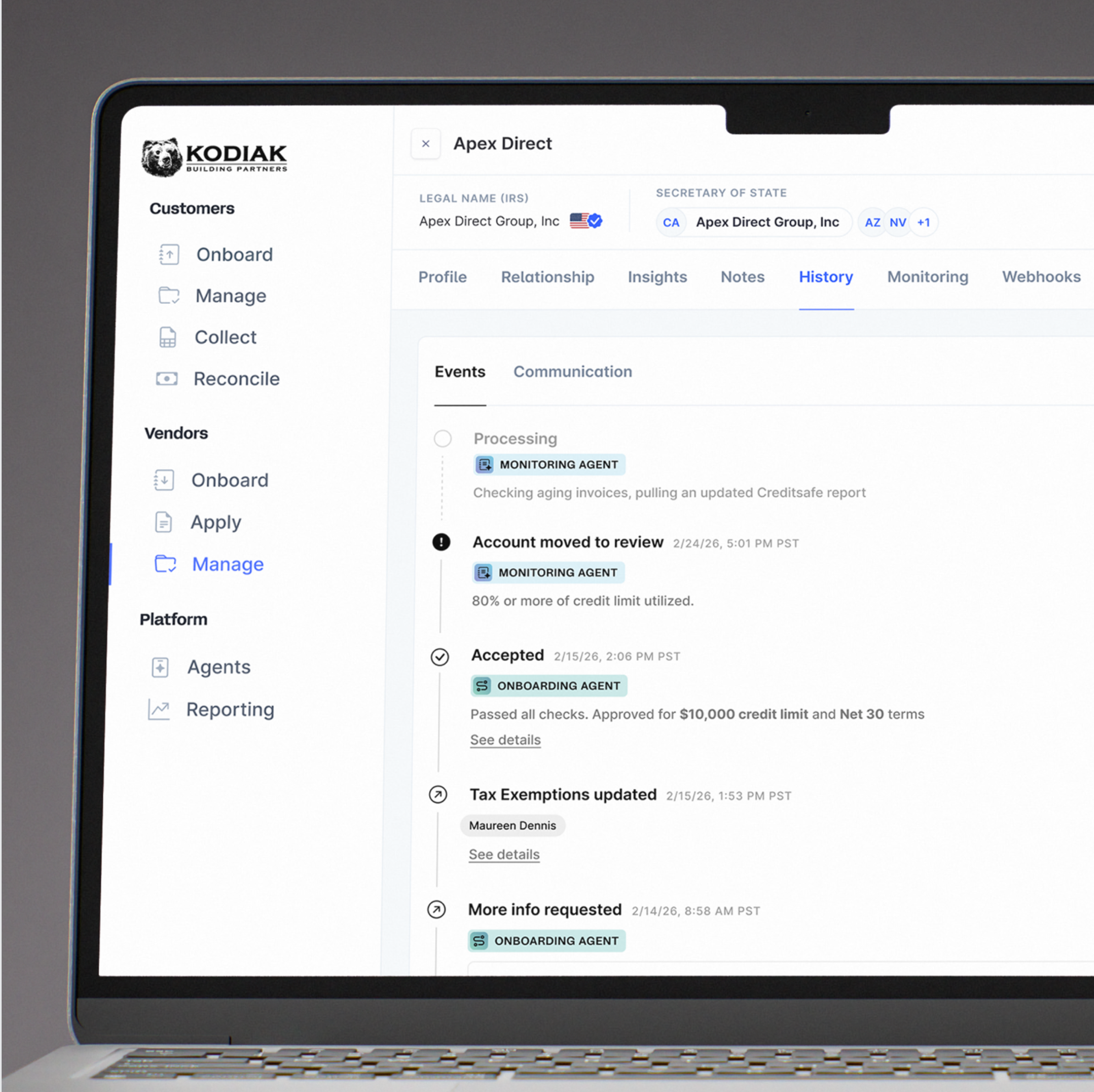 Portfolio management showing the Monitoring Agent's activity timeline for a customer account