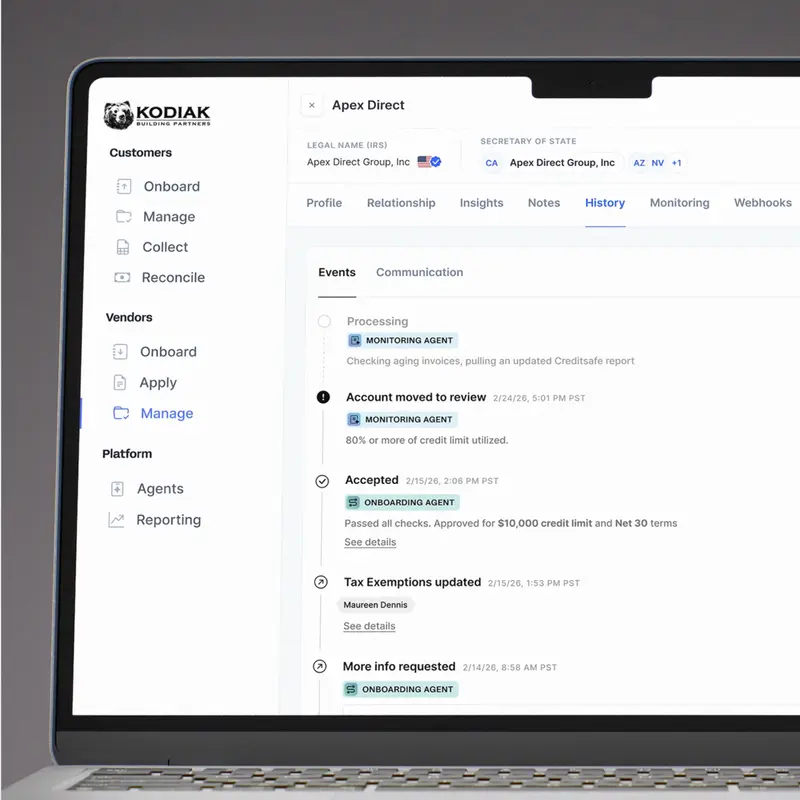 Portfolio management showing the Monitoring Agent's activity timeline for a customer account