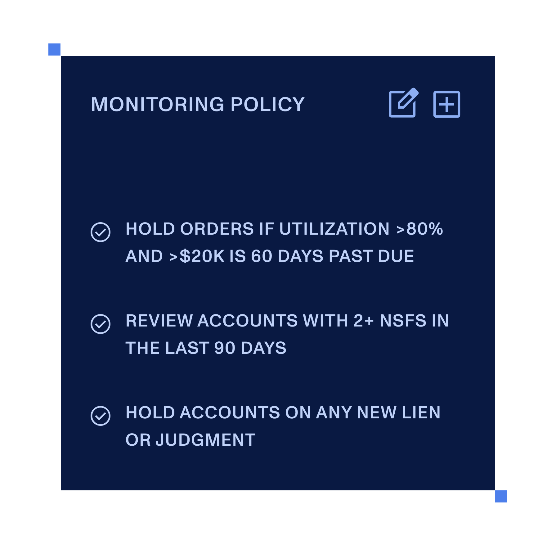 Monitoring policy card listing hold-and-review rules for accounts