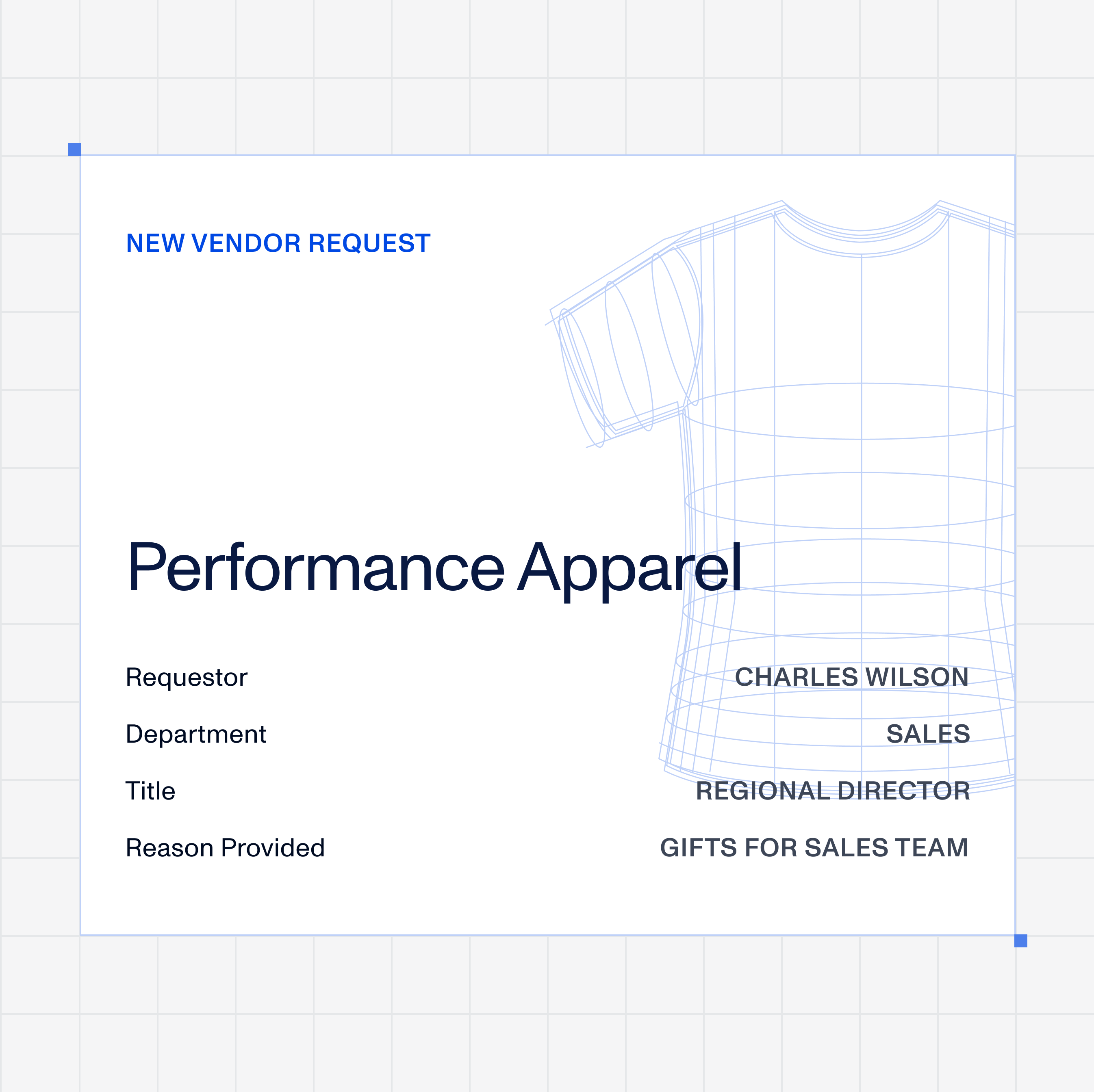 New vendor request for Performance Apparel showing requestor, department, title, and reason for review.