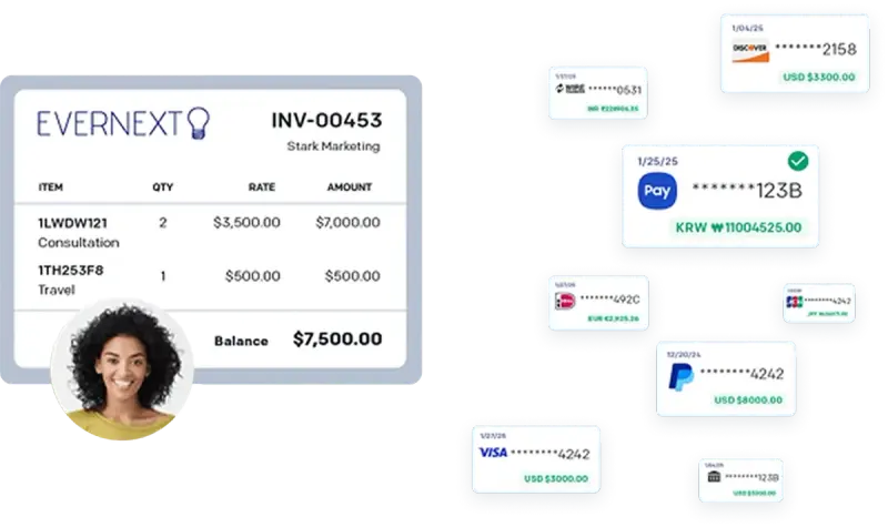 A representation of how Invoiced offers easy invoicing and makes it possible to collect payment through several pathways, like Paypal, credit, debit, and others
