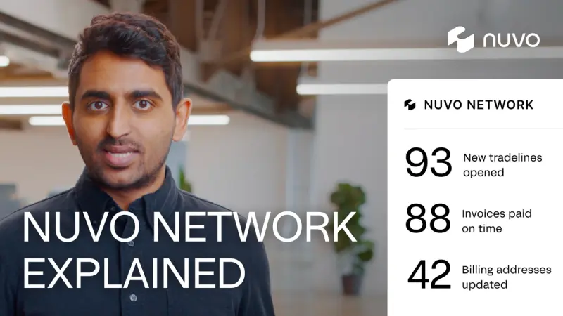 Nuvo Network Explained title card: a Nuvo colleague speaking to camera in an office, beside a panel of live network activity figures