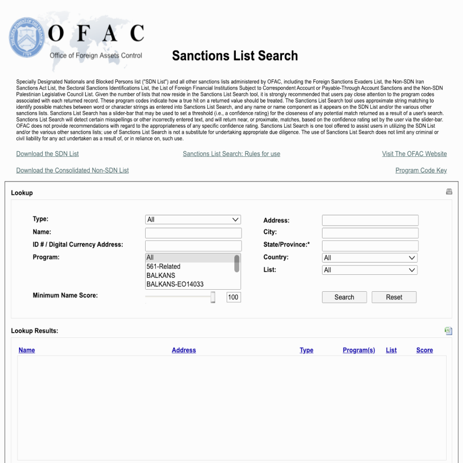 An OFAC sanctions search result