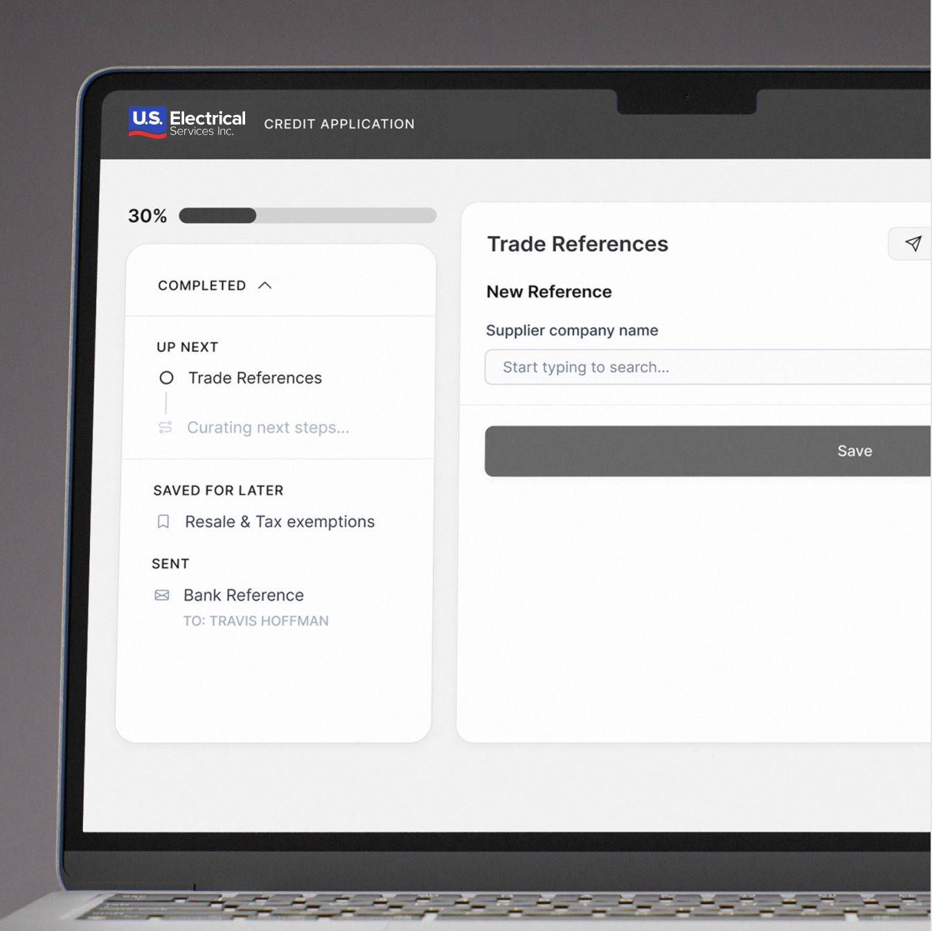 The Nuvo credit application open on a laptop, showing a Trade References step