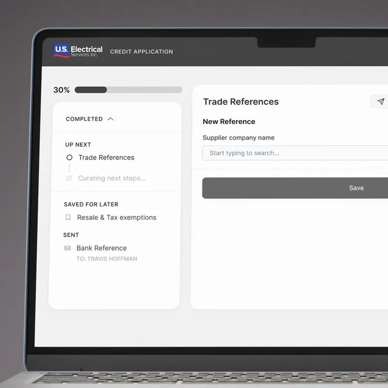 The Nuvo credit application open on a laptop, showing a Trade References step