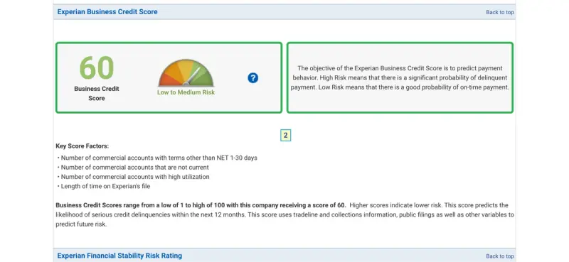 A sample of an Experian business credit report.