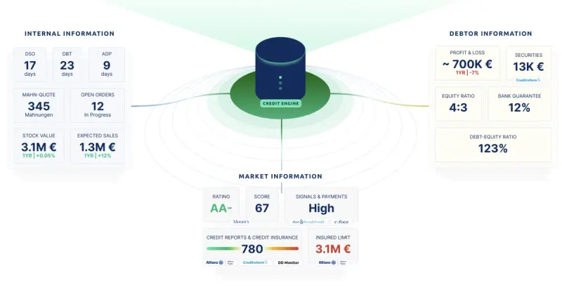 A look at how Bilendo clusters information into internal information, debtor information, and market information