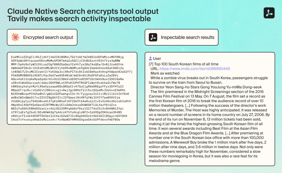 Claude Native Search encrypts tool output. Tavily makes search activity inspectable.