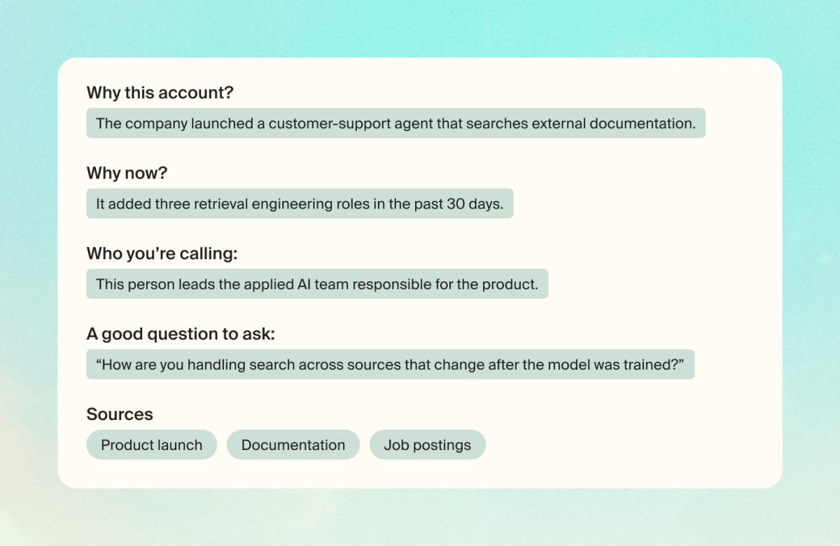 Questions that help reps prep for a conversation: Why this account? Why now? Who you're calling? A good question to ask, and Sources.