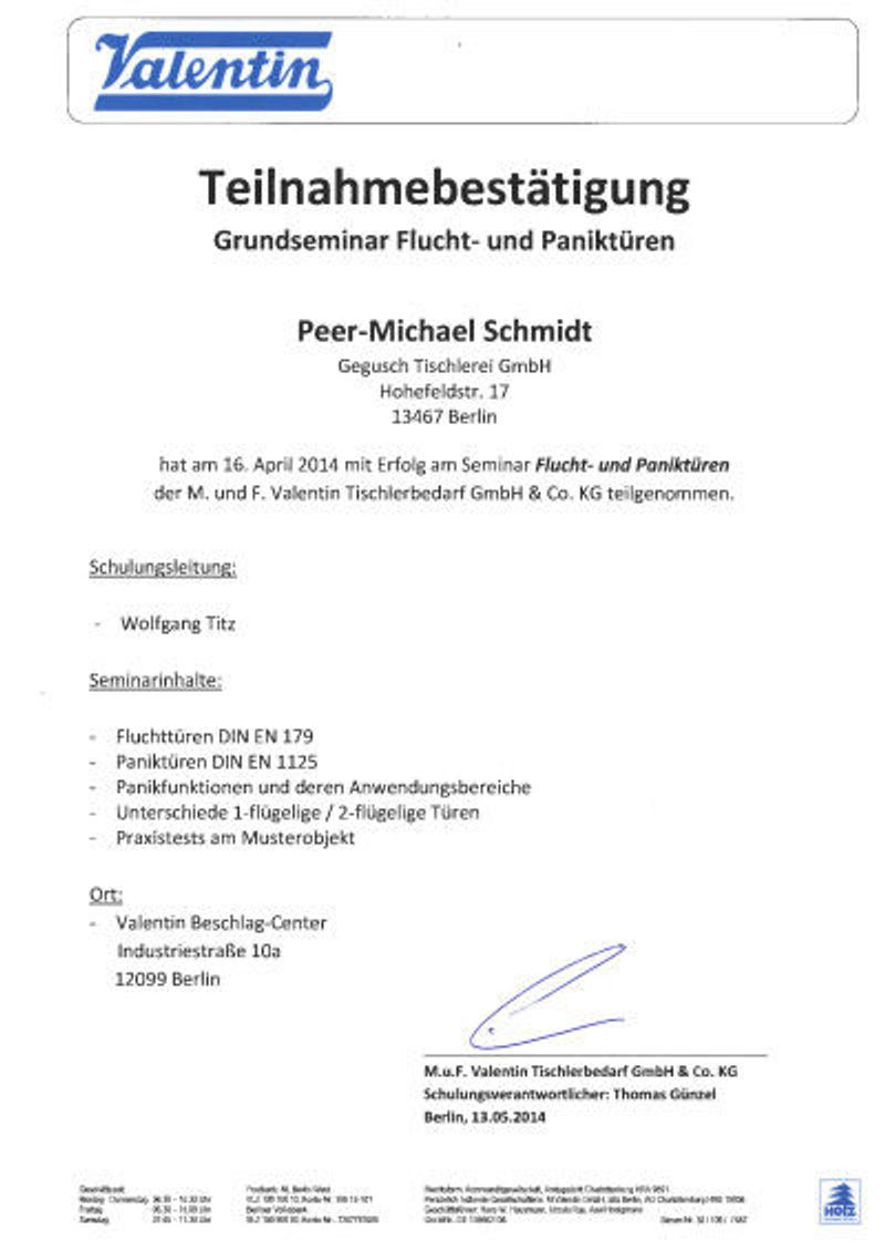 Urkunde über die Schulung für Flucht- und Paniktüren