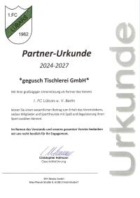 Partner-Urkunde 2024–2027 des 1. FC Lübars für die gegusch Tischlerei GmbH