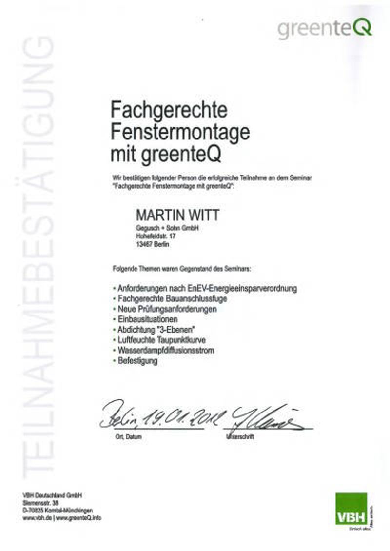 Urkunde über die Schulung zur fachgerechten Fenstermontage
