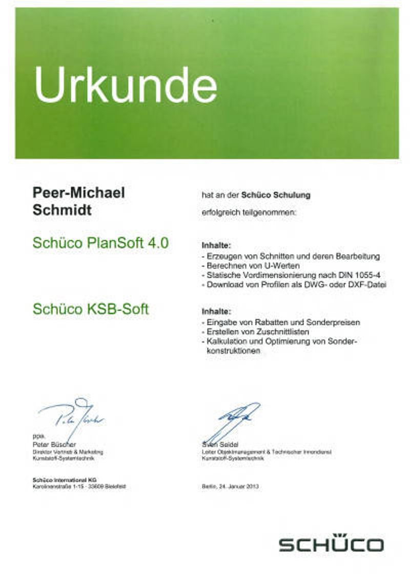Urkunde einer Schüco-Schulung