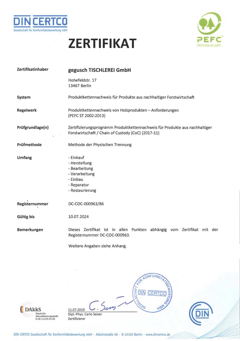 PEFC-Zertifikat der gegusch TISCHLEREI GmbH