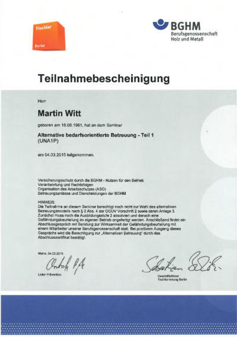 Urkunde der Berufsgenossenschaft Holz und Metall