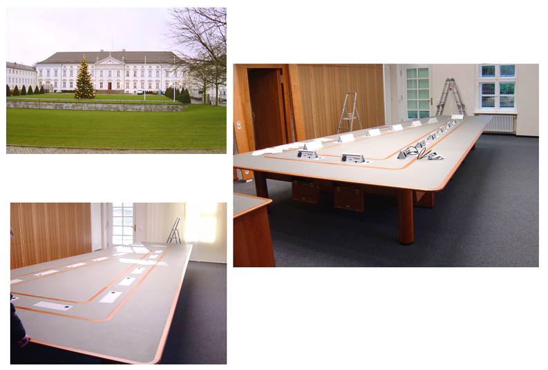 Schloss Bellevue von außen, daneben ein langer Konferenztisch mit eingelassenen Mikrofonanschlüssen in einem holzvertäfelten Saal