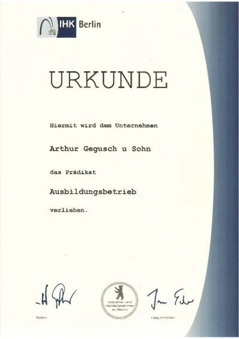 Urkunde: anerkannter Ausbildungsbetrieb der IHK Berlin