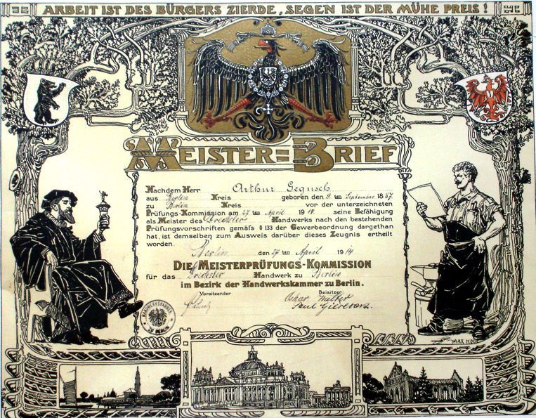 Historischer Meisterbrief von Arthur Gegusch