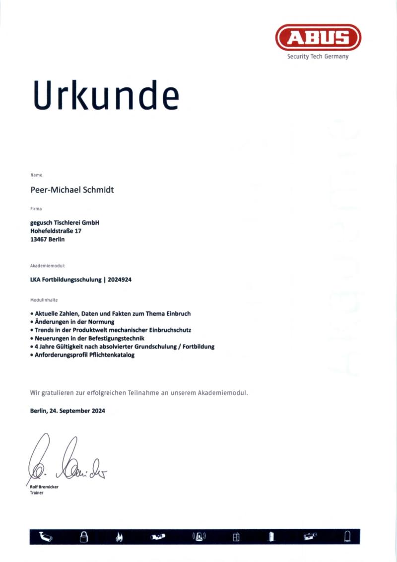 Urkunde der ABUS Akademie über die LKA-Fortbildungsschulung von Peer-Michael Schmidt, September 2024