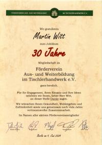 Urkunde des Fördervereins Aus- und Weiterbildung im Tischlerhandwerk zum 30-jährigen Mitgliedsjubiläum von Martin Witt