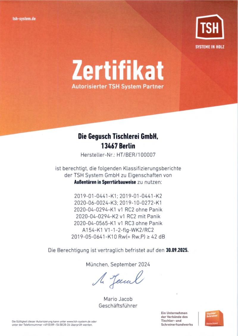 Zertifikat „Autorisierter TSH System Partner" für Außentüren in Sperrtürbauweise