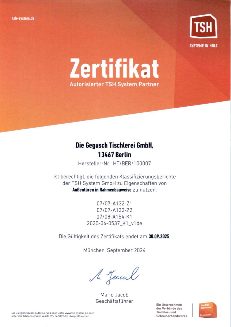 Zertifikat „Autorisierter TSH System Partner" für Außentüren in Rahmenbauweise