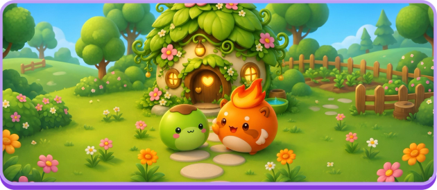 Sprout and Ember, two cute Mergemon, outside a leafy Mergemon home in a sunny meadow.