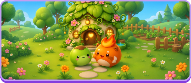 Sprout and Ember, two cute Mergemon, outside a leafy Mergemon home in a sunny meadow.