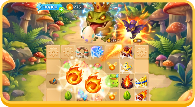 The Mergemon Wilds merge board, with elemental Fire, Water and Nature items and merge orders along the top.
