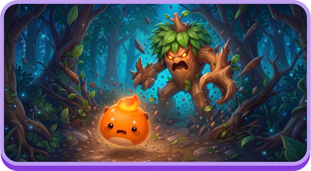 A small fire Mergemon facing a corrupted tree creature in a dark, glowing forest of the Glimmerwild.