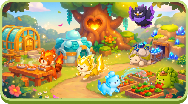 A cozy Mergemon village with homes, garden beds and Mergemon wandering the paths.