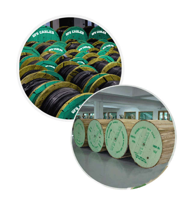OFS cable drums prepared inside the factory and warehouse