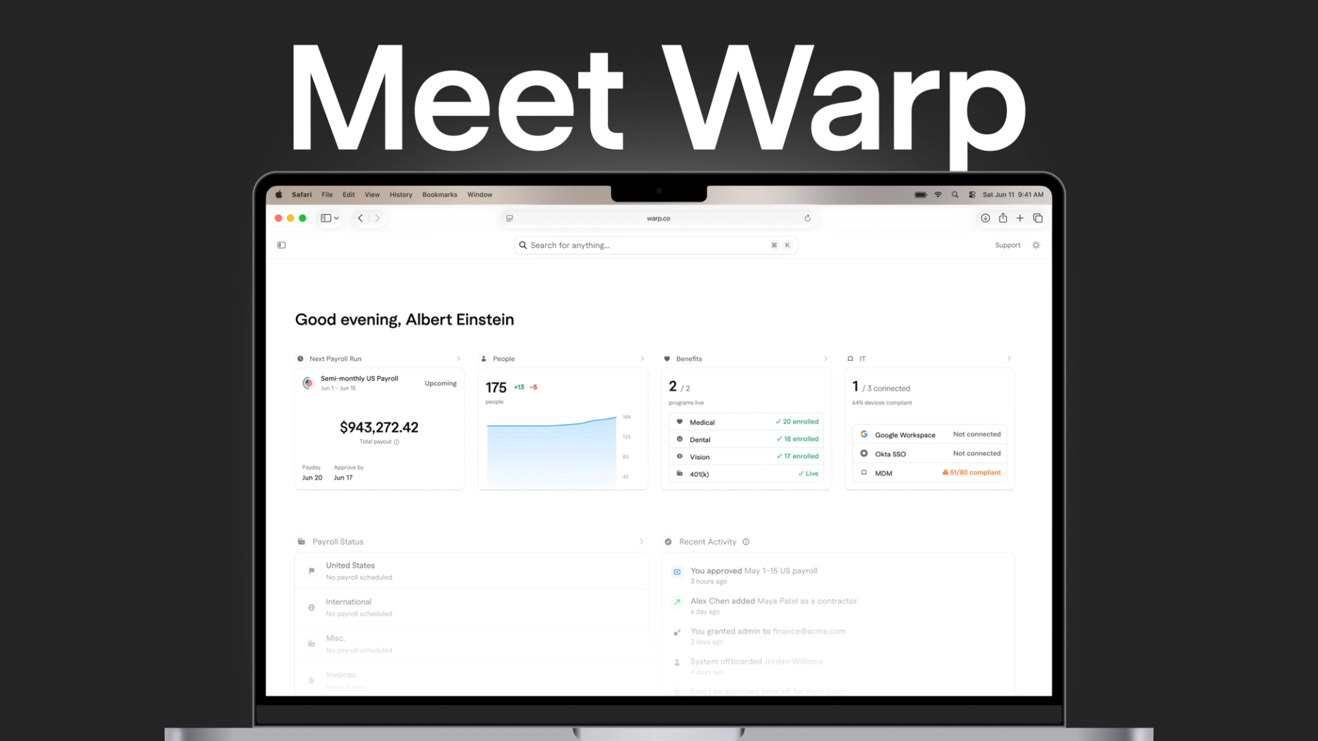 Warp's employee management software dashboard