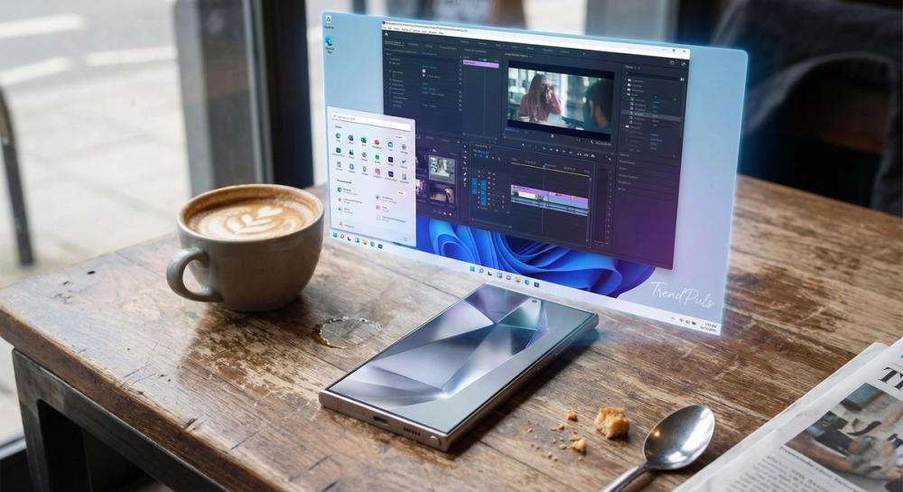 A smartphone on a rustic wooden cafe table projecting a translucent Windows 11 holographic desktop running video editing software.