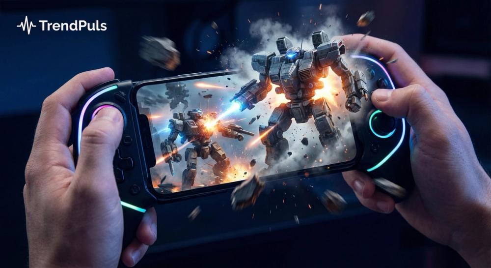 Close-up of hands holding a futuristic mobile gaming controller with a smartphone showing a 3D sci-fi game where explosions appear to pop out of the screen