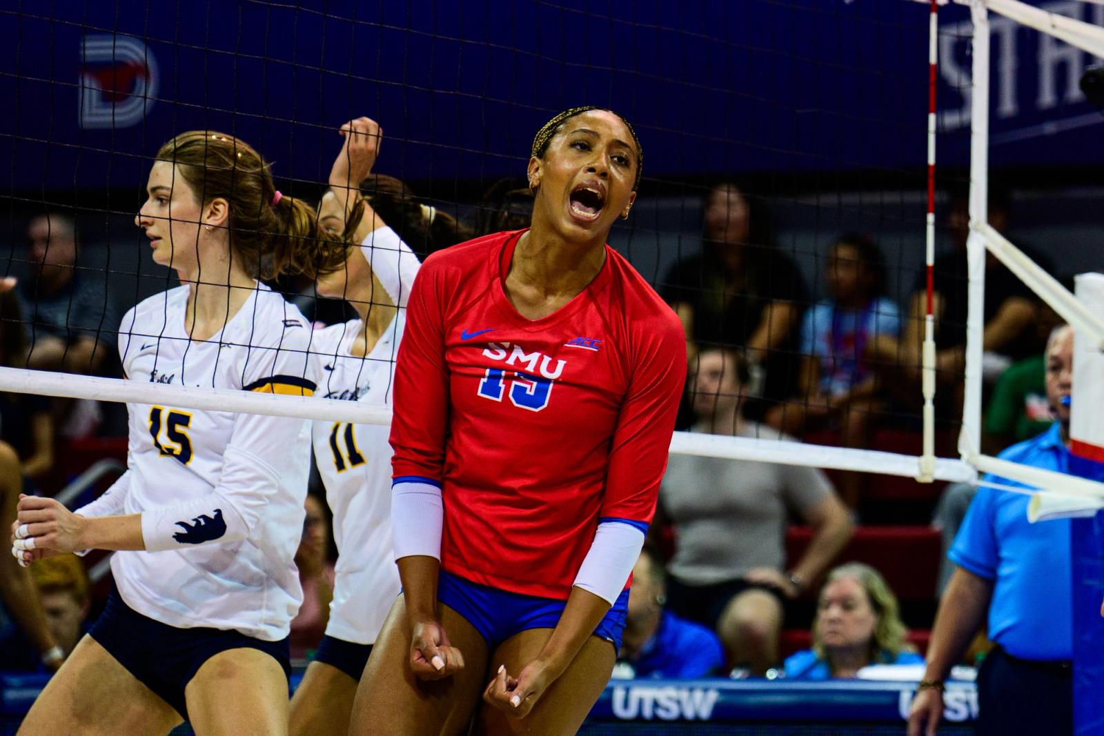 Photo Credit: Luis Revilla Mata/Undrafted — SMU #15 celebrates a point against Cal at Moody Coliseum