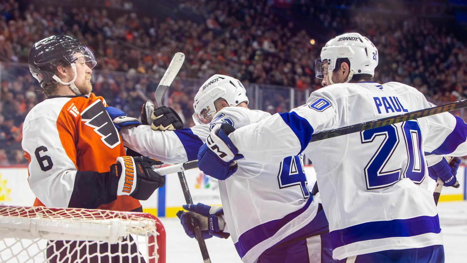 Lightning players celebrate a goal during the January 10, 2026 game against the Flyers at Xfinity Mobile Arena in Philadelphia.