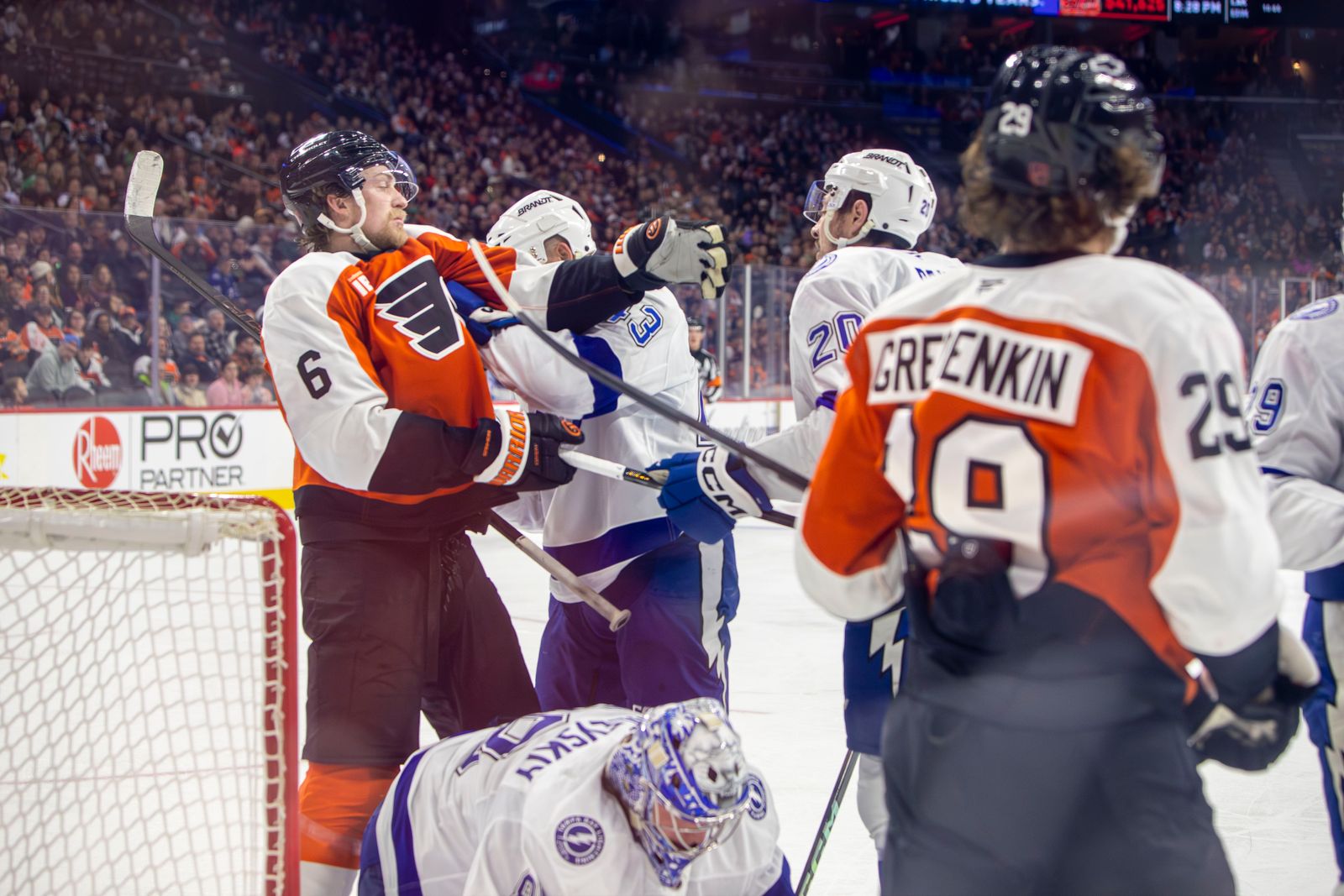 Players from both teams battle in front of the Flyers net during the January 10, 2026 game at Xfinity Mobile Arena in Philadelphia.