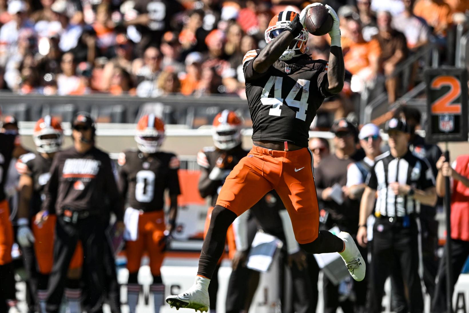 Cleveland Browns tight end Harold Fannin Jr. (44) leaps to catch a pass near the sideline at Huntington Bank Field