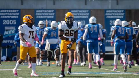 New Haven players No. 70 and No. 26, in white jerseys and gold pants, on the field at Central Connecticut's Arute Field with Blue Devils players in blue behind them on Oct. 24, 2026