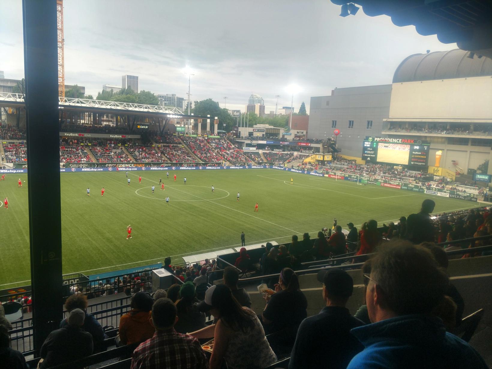Portland Thorns FC players on the field at Providence Park in Portland, Oregon, in June 2018.
