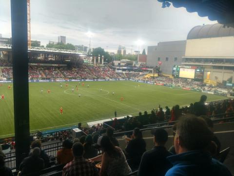 Portland Thorns FC players on the field at Providence Park in Portland, Oregon, in June 2018.