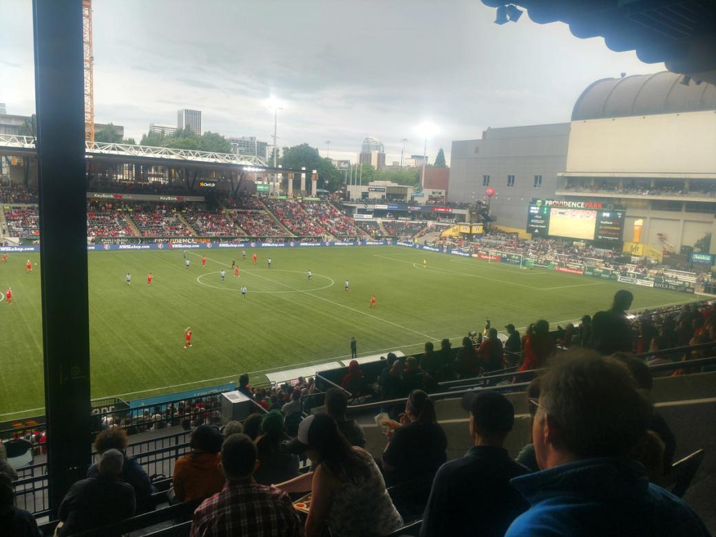 Portland Thorns FC players on the field at Providence Park in Portland, Oregon, in June 2018.