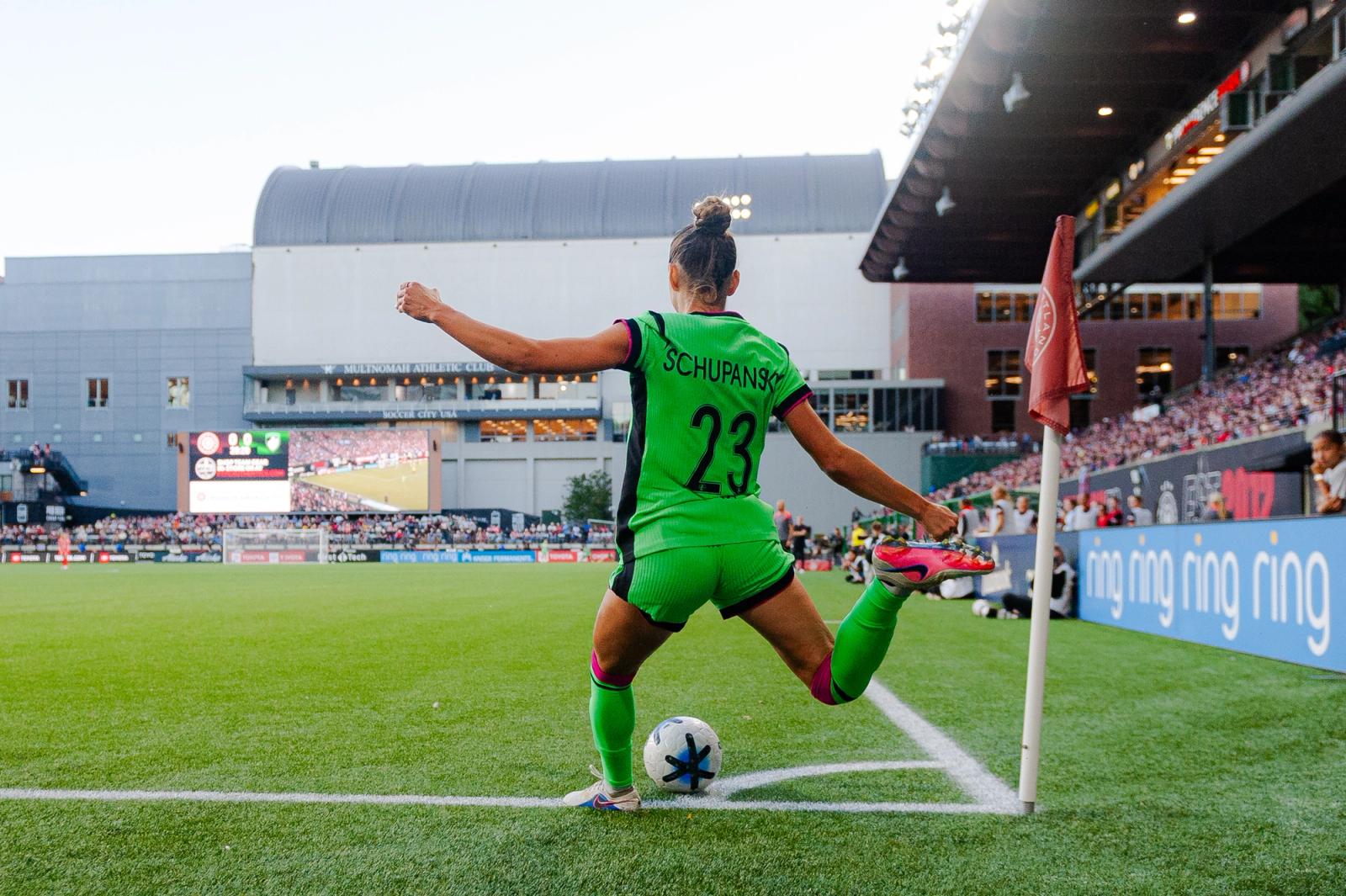 Sarah Schupansky takes a corner kick for Boston Legacy at Providence Park — Photo Credit: Aaron Leopold/Undrafted