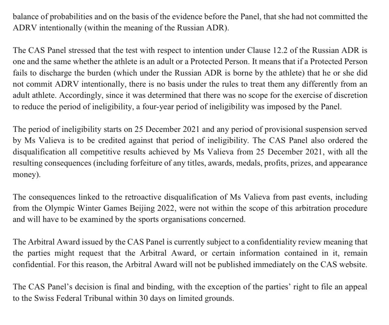 Press Release regarding Valieva's disqualification