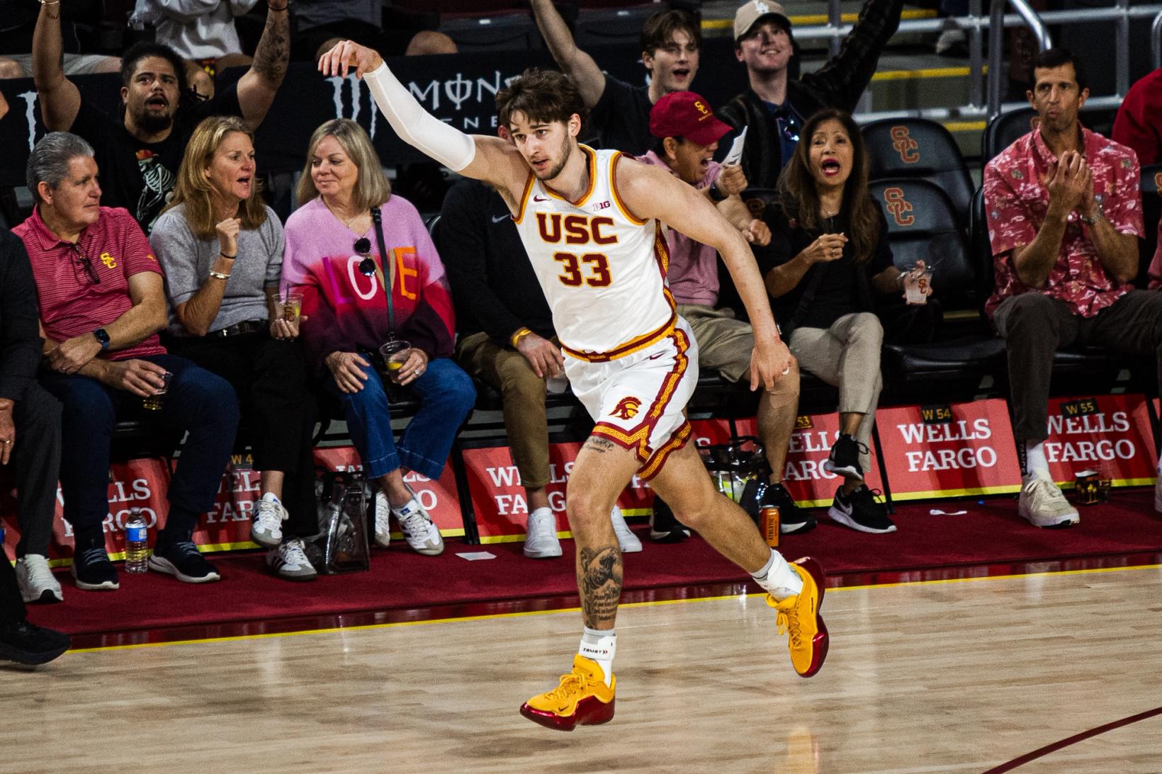 USC guard celebrates with the crowd during the January 17, 2026 game against Purdue at the Galen Center in Los Angeles.