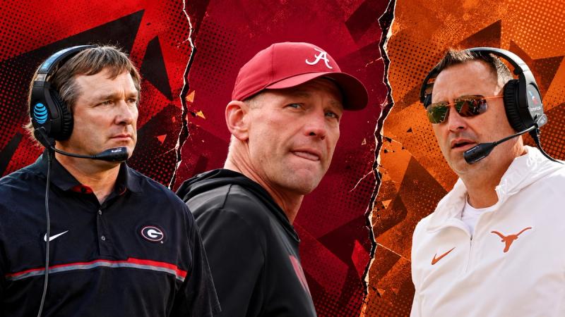 Editorial illustration of Georgia coach Kirby Smart, Alabama coach Kalen DeBoer and Texas coach Steve Sarkisian in cracked red, crimson and burnt-orange panels