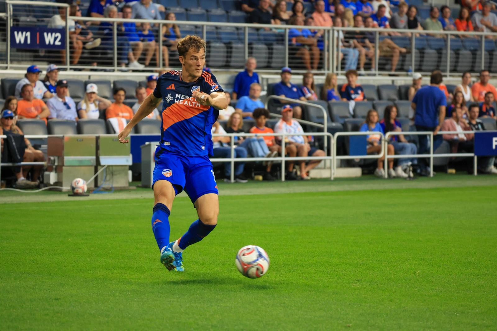 FC Cincinnati's Pavel Bucha strikes the ball during the September 12, 2026 match against Charlotte FC at TQL Stadium.