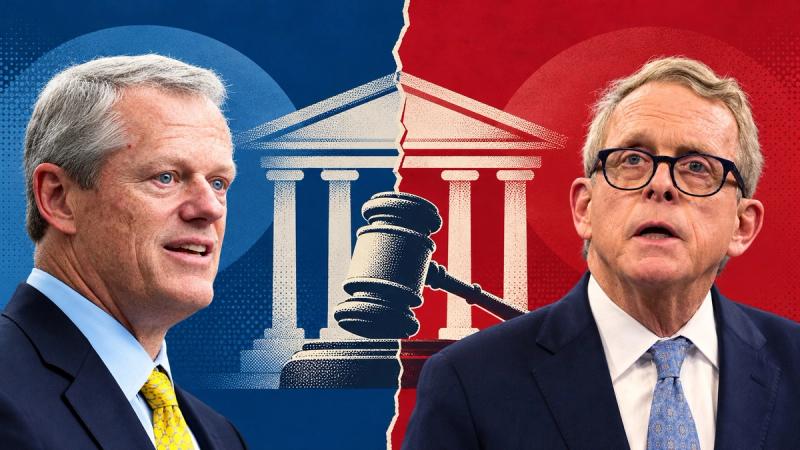 Editorial illustration of NCAA President Charlie Baker and Ohio Gov. Mike DeWine on either side of a courthouse and gavel